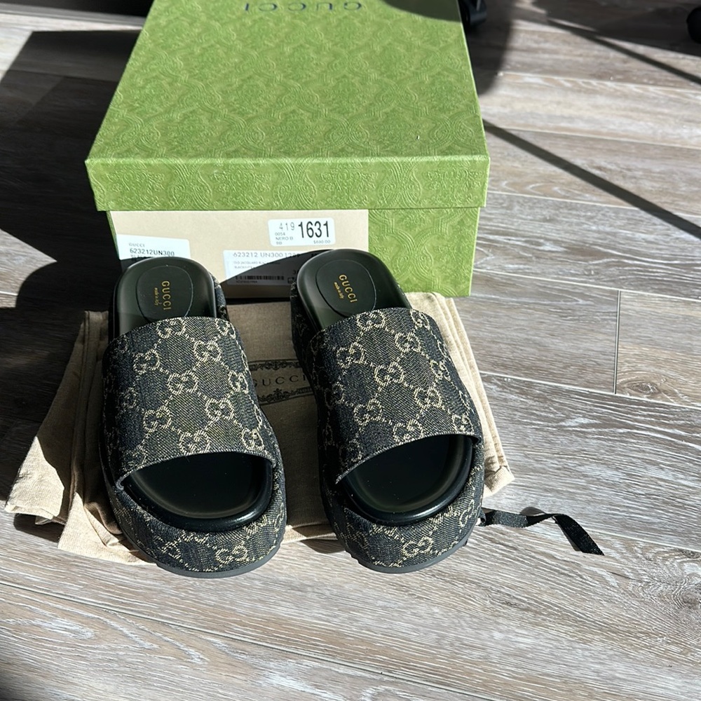 GUCCI
Jacquard Black Denim GG Monogram Angelina Platform Slide Sandals